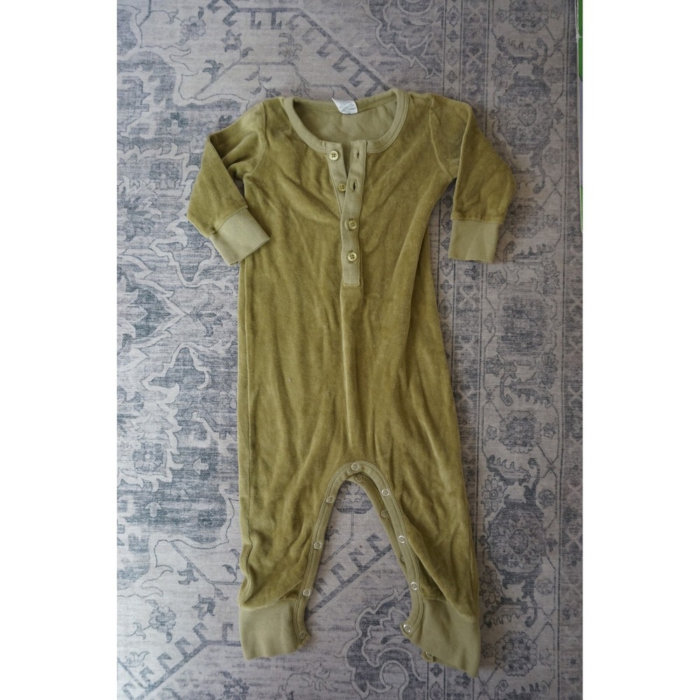Kate Quinn Romper Organic Cotton Velour Henley Earthy Olive Green 18-24M